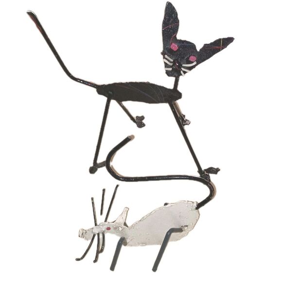 Vintage Metal Cat And Mouse One Of A Kind Handmade Painted Set Folk Art READ - Picture 1 of 12